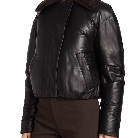 Vince Women's Black Leather Shearling Bomber Jacket XS MINT - Picture 2 of 4